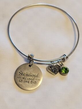 Inspirational Expandable Silver-Tone Bangle Bracelet Green & Tree Life Charms